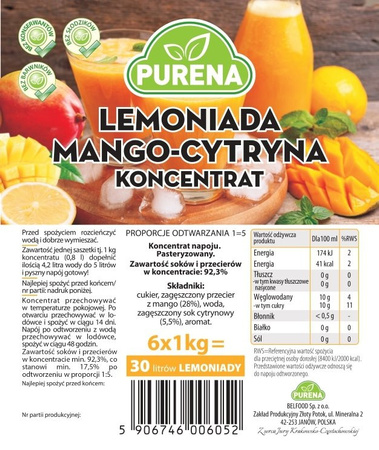 Lemoniada mango-cytryna koncentrat 1kg na 5l