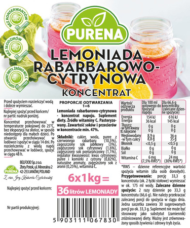 Lemoniada Rabarbar-Cytryna Koncentrat 1 kg – 47% soków, bez konserwantów, na 6 L