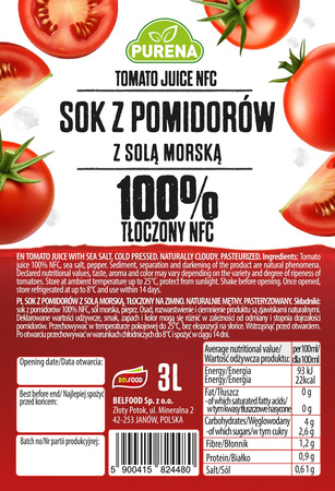 Sok pomidorowy 100% NFC z solą morską – tłoczony na zimno, 3L
