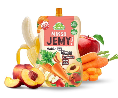 Naturalna przekąska miksuJEMY – Marchew + Brzoskwinia + Banan + Jabłko 180g – owocowo-warzywna harmonia smaku